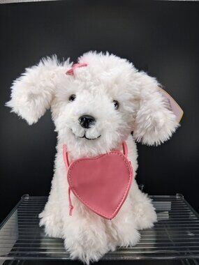 FAO Schwarz White Plush Puppy With Pink Heart Collar Stuffed Animal